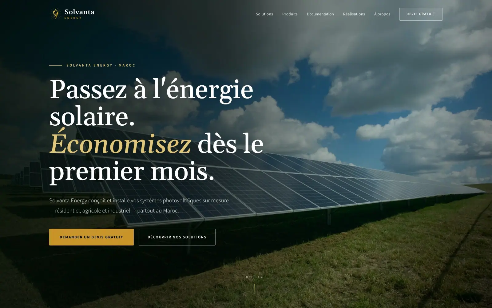 Solvanta Energy (Solar solutions & equipment · Morocco) — homepage on a desktop screen