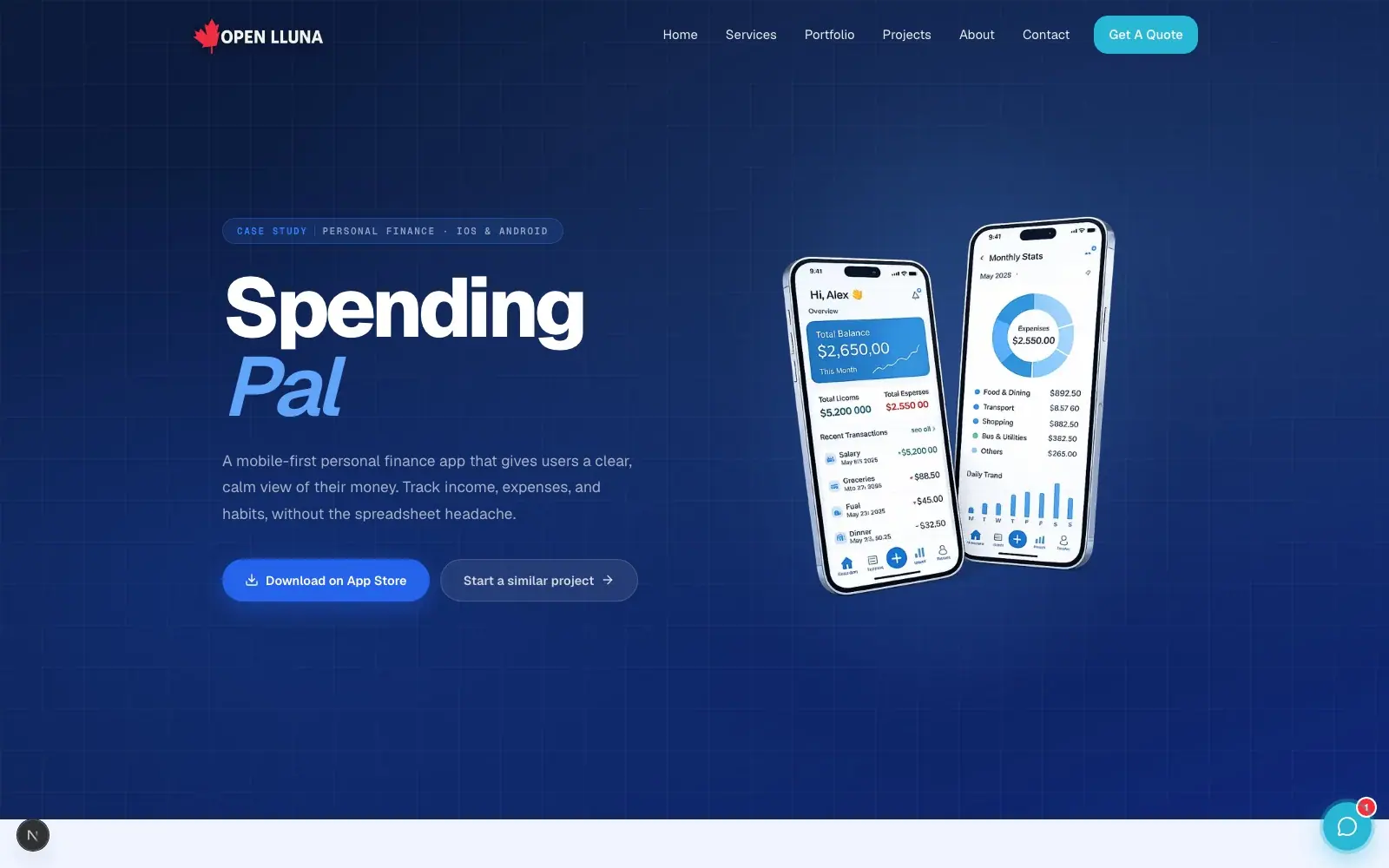 SpendingPal (Personal finance mobile app) — homepage on a desktop screen