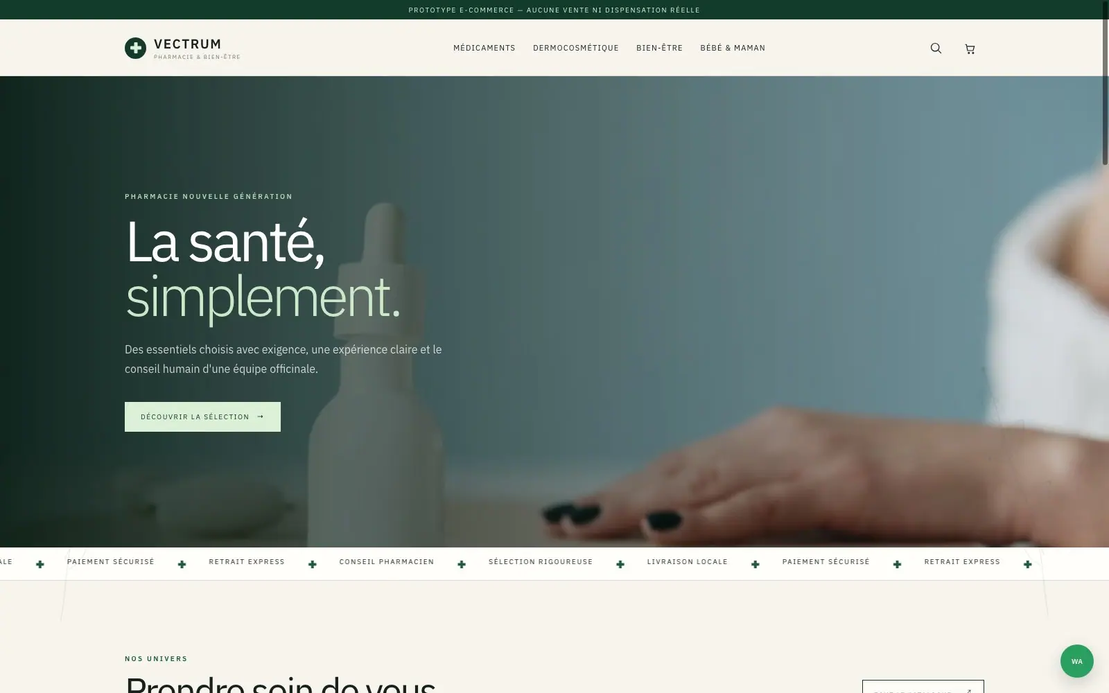Vectrum Pharmacie (Pharmacy ecommerce prototype · Morocco) — homepage on a desktop screen