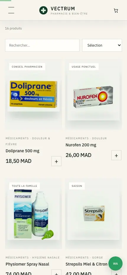 Vectrum Pharmacie (Pharmacy ecommerce prototype · Morocco) — homepage on a phone