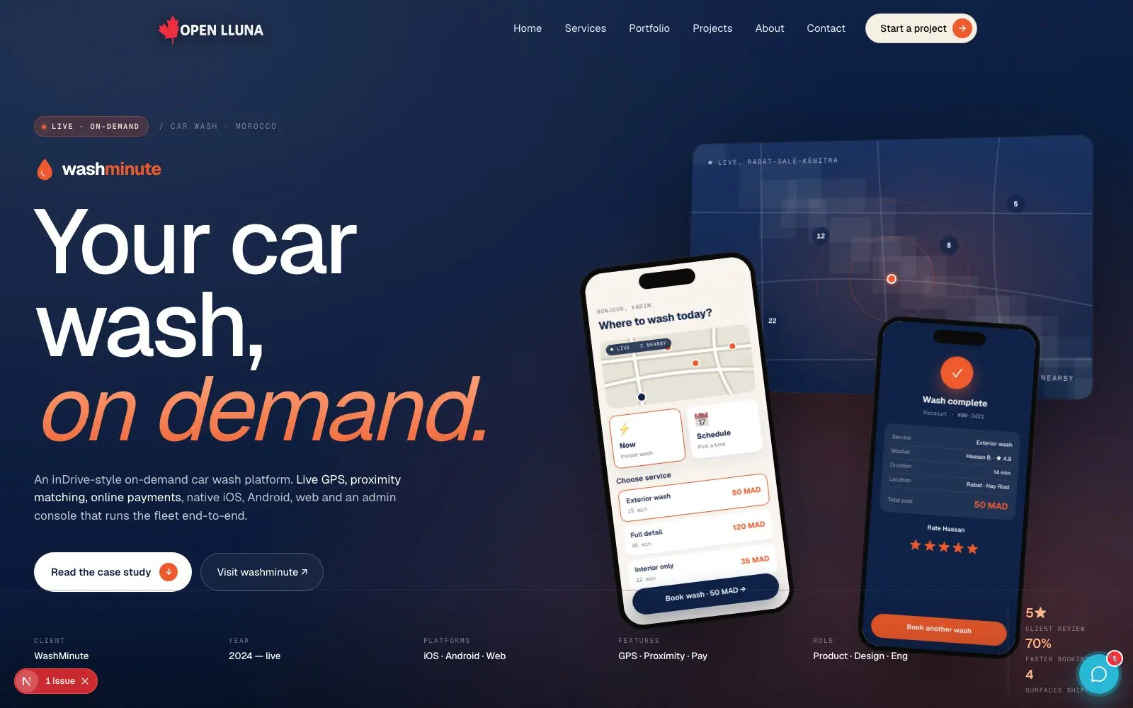 Washminute (On-demand mobile service · Morocco) — homepage on a desktop screen