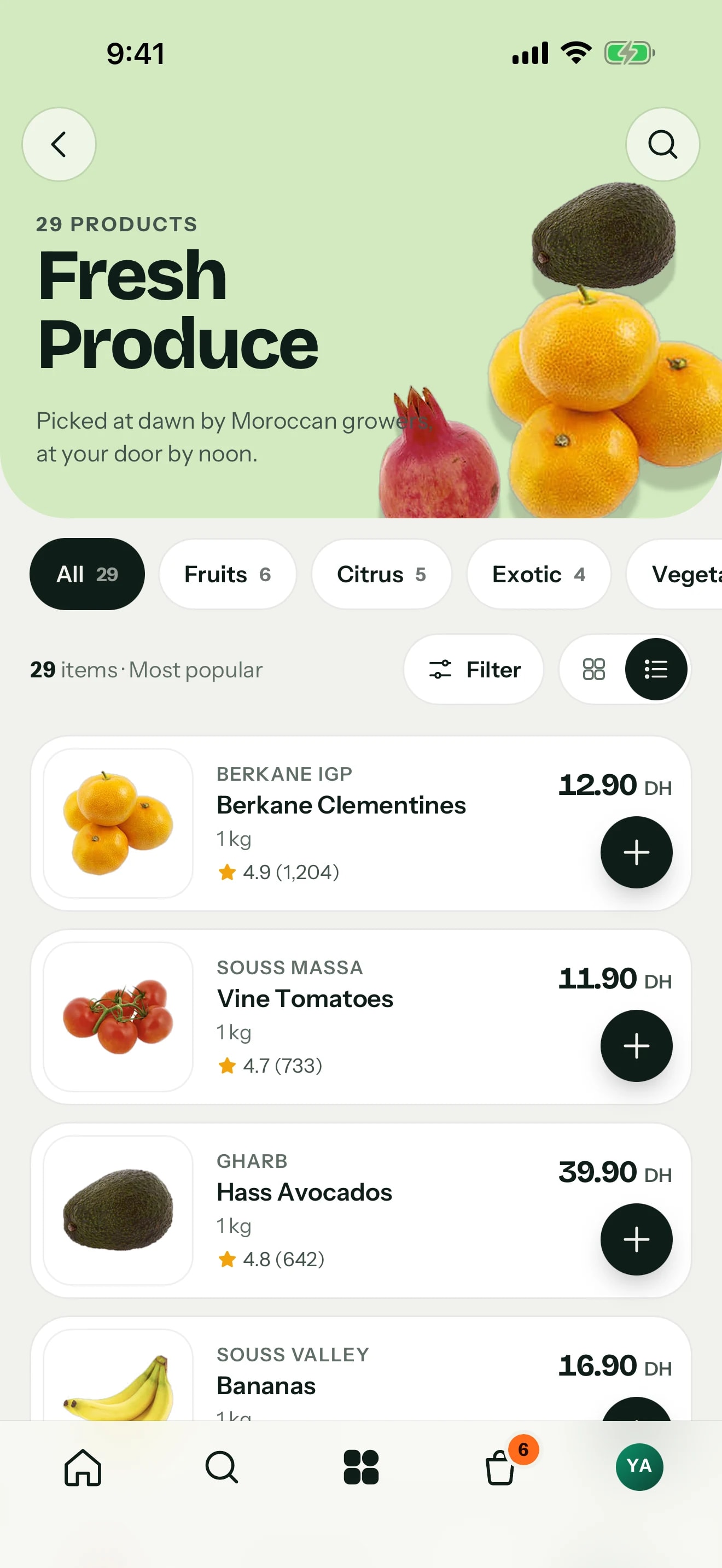Hanout app — Fresh Produce, list view