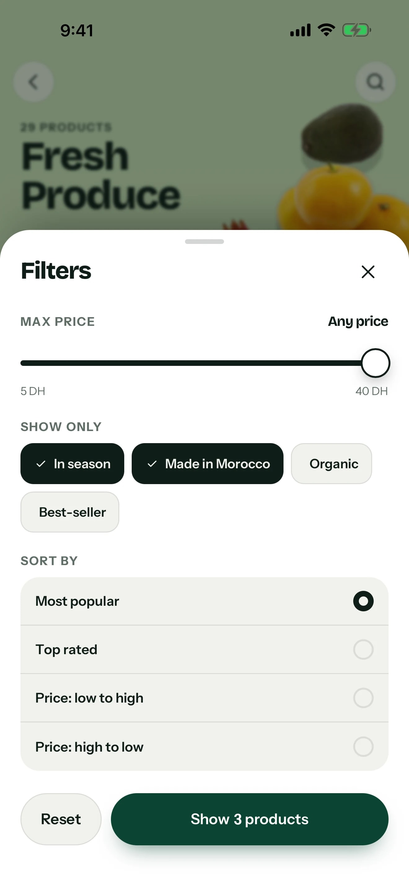 Hanout app — Filter by price, season and Moroccan origin