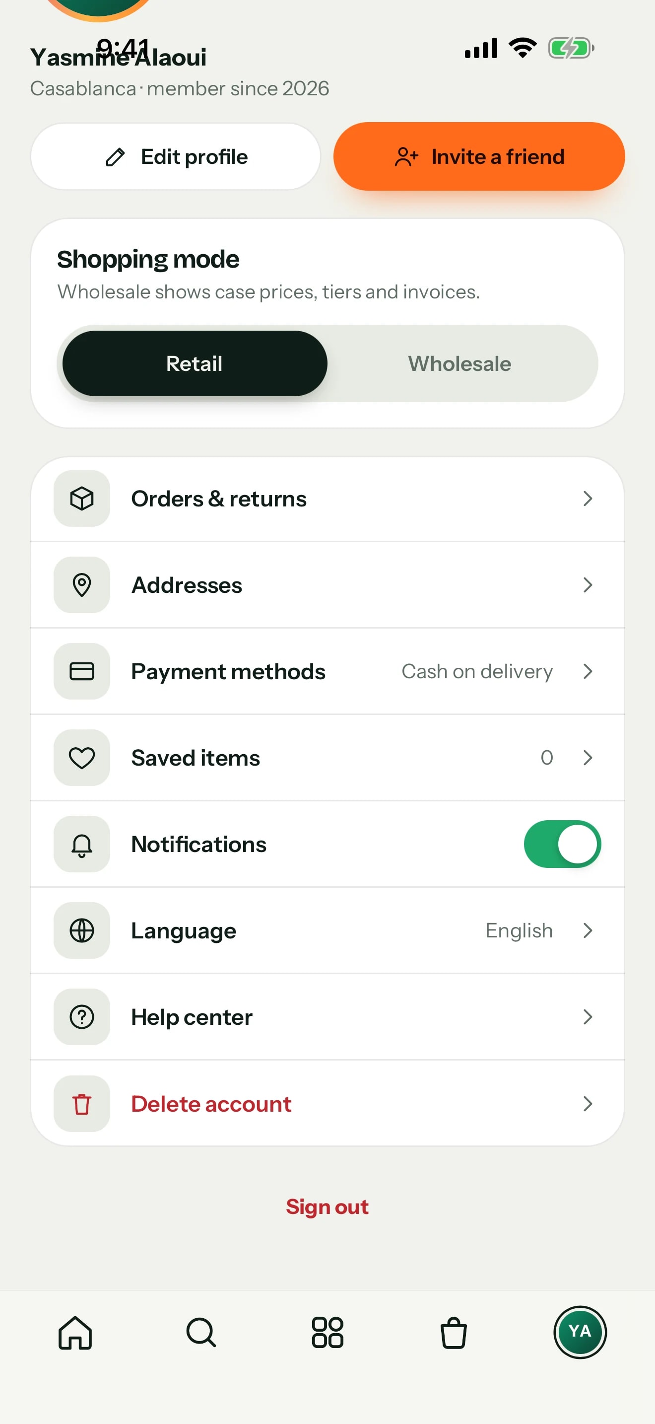 Hanout app — Profile, menu