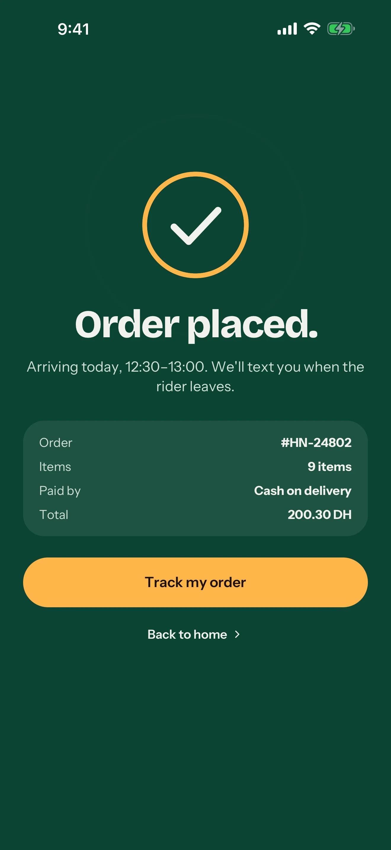 Hanout app — Order placed, with a direct path to tracking